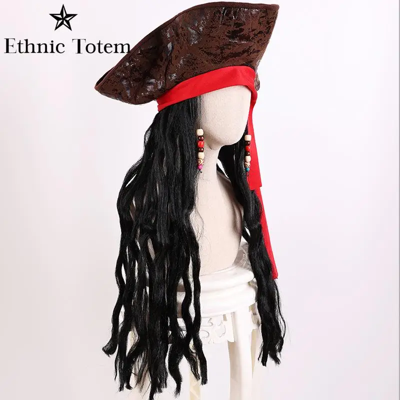 Cosplay Hat Captain Pirate Brown Hat Wig for Adult Jack Sparrow Faux Leather Hats with Hair Halloween Cosplay Costume Props Accessories