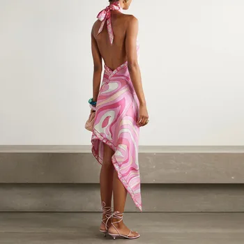 Abiti Abito sexy in raso con scollo all'americana con lacci Abito da donna in raso con stampa primaverile Abito irregolare sottile Abito estivo senza maniche da spiaggia 1