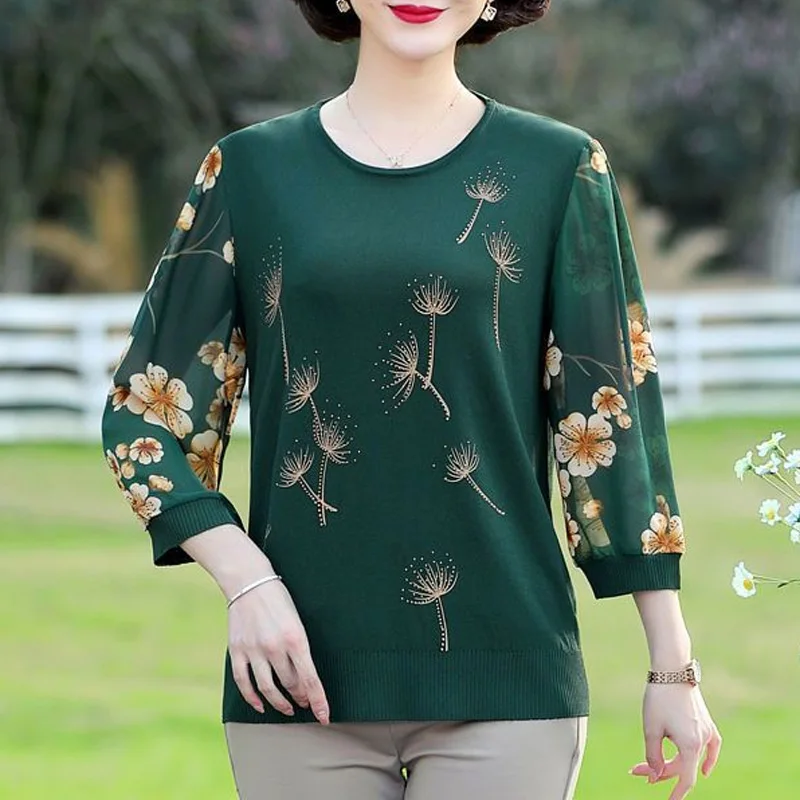 Camiseta veraniega versátil para mujer, camisa holgada informal de gran tamaño con estampado de cuello redondo, simplicidad de tres cuartos, tendencia de moda occidental, novedad de 2024