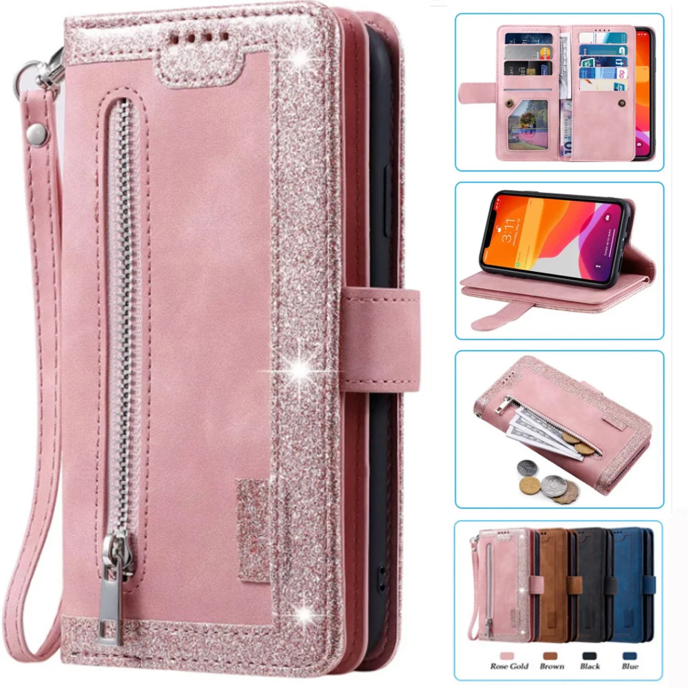 

For Xiaomi 12S Pro Case Card Slot Zipper Flip Folio with Wrist Strap For Xiaomi 12S Pro Cover 9 Cards Wallet Case