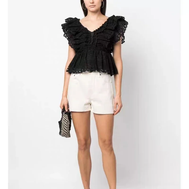 

2023 Spring and Summer New V-neck Lace Embroidery Women Multi-layer Flying Sleeves Ruffled Waist Shirt