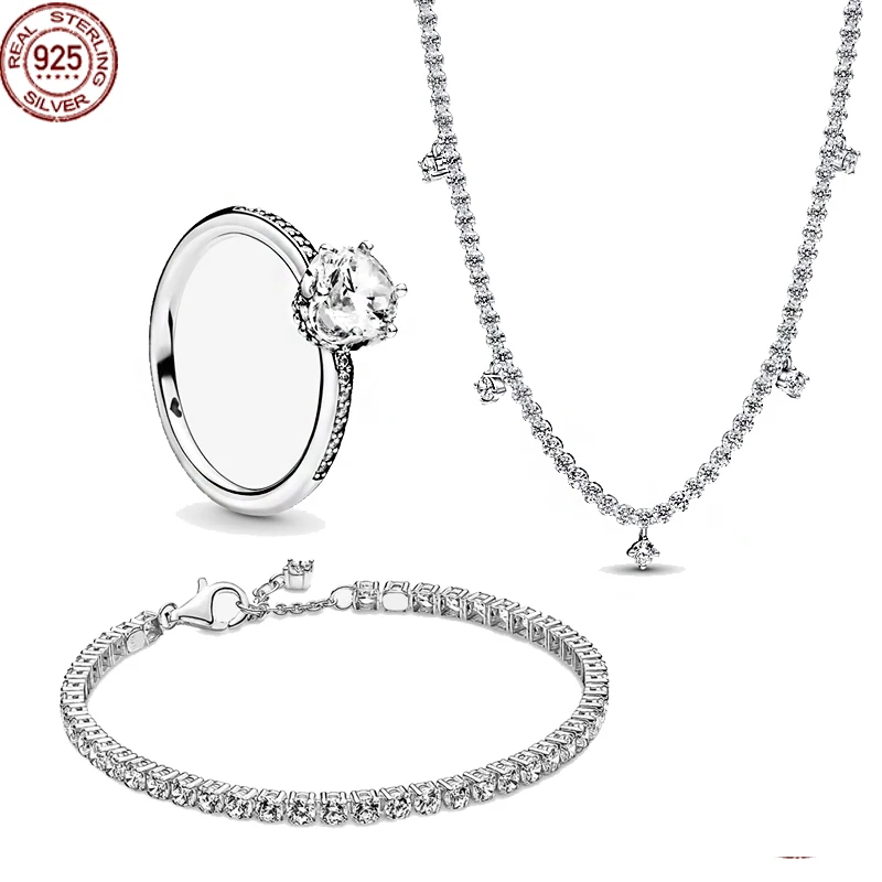 

New Exquisite 925 Sterling Silver Classic Zircon Jewelry Set Exquisite Necklace Bracelet Ring Girlfriend Jewelry