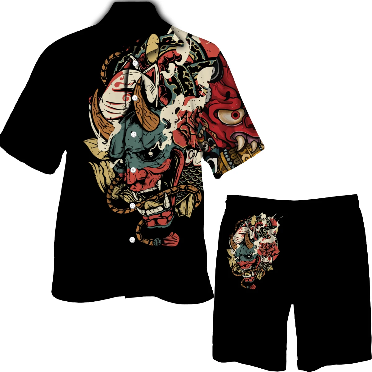 

Japanese Samurai 3D Printed Shirts/Suits Men Turn Down Neck Short Sleeve Ninja Shirt Shorts Set Streetwear Japan Style Clothing