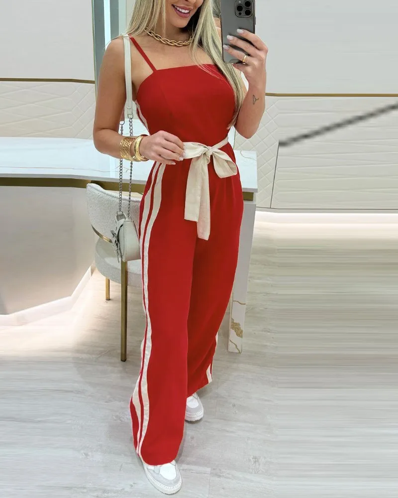 Schicker, gestreifter, ärmelloser Overall für Frühling und Sommer mit gebundenem Detail und Spaghettiträgern, lässiger Bandeau-Strampler mit weitem Bein für Damen – Detail 10