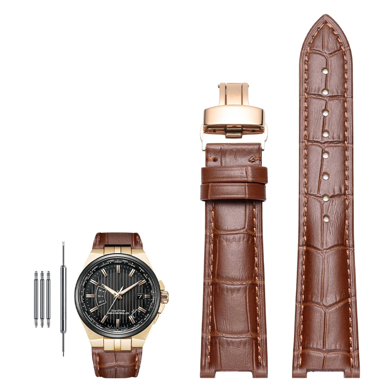 Genuine Leather Notched Watchband for Men's Watches, 24x13mm