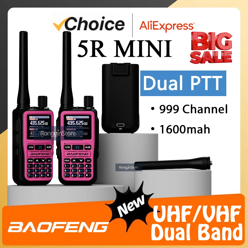 바오펑 UV-5R 미니 핑크 5W 듀얼 밴드 무전기 블루투스 양방향 라디오 999채널 야외 건설 호텔 보안용