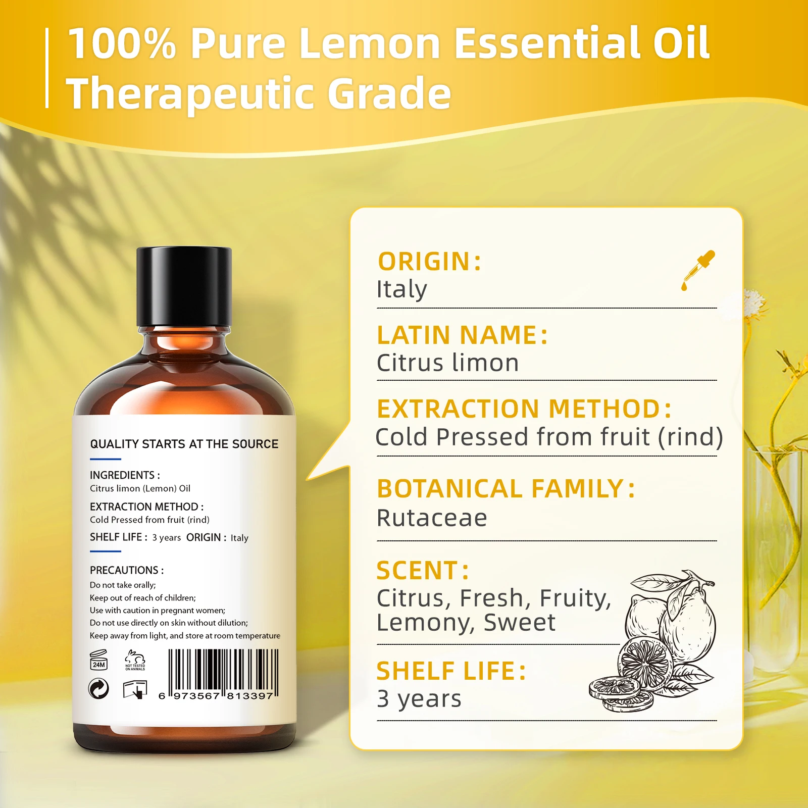 HIQILI 100ML Lemon Essential Oils for Diffuser/Humidifier/Massage/Aromatherapy Aromatic Oil for Candle/Soap Making & Hair Care
