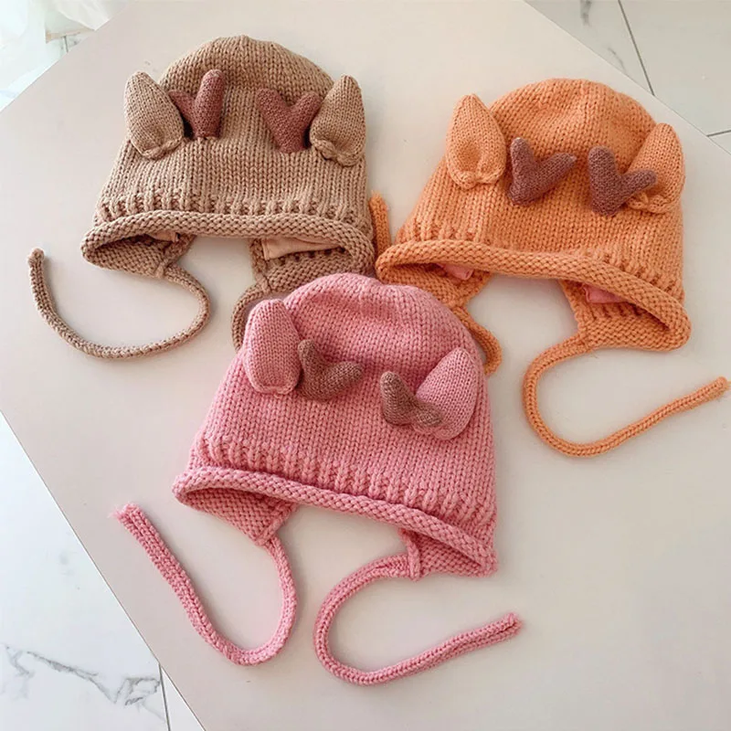 Nette Geweih Baby Gestrickte Woolen Hut Winter Warme Säuglings Ohr Schutz Kappe Cartoon Kleinkind Beanie 5-24M Kinder krawatte Kopfbedeckung Motorhaube – Detail 4