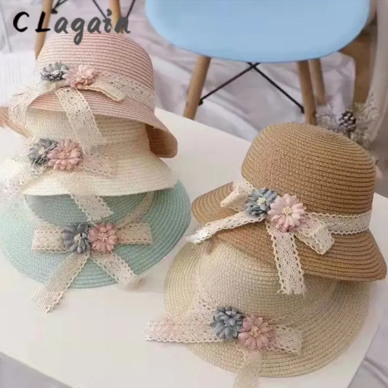 

2023 New children's sunscreen hat bag set sun visor girl princess straw hat baby summer beach hat outdoor travel hat