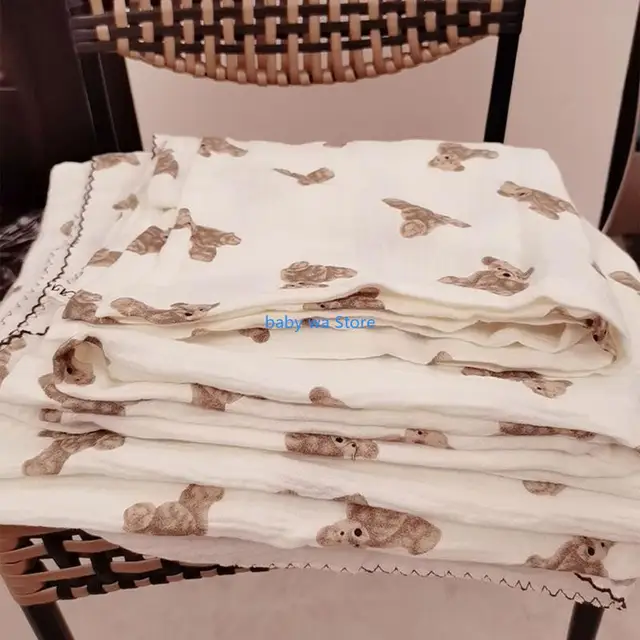 Baby 2 Layers Gauze Swaddle Wrapped Muslin Blanket Fashion Bear Print Spring Summer Air Conditioned Quilt Footmuff 4XBD 4