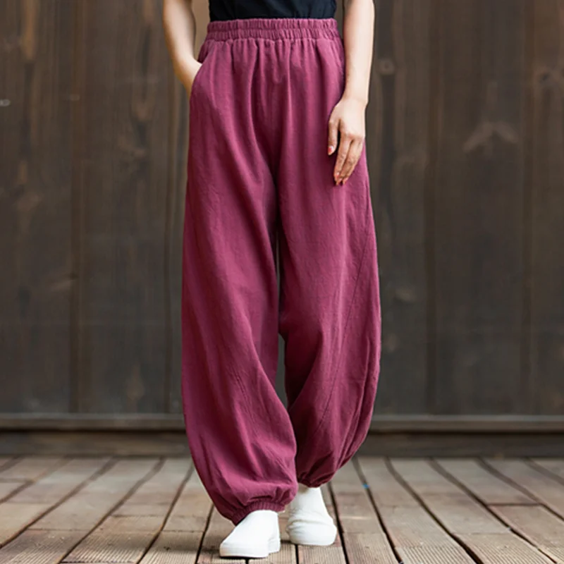Vintage  Yoga Clothes Cotton  Linen Women High Waist Pants Baggy Loose  Large Oversized Size Women's Cargo Trousers Wide Leg