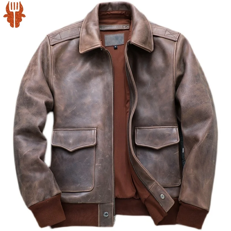 Brown Autumn Men's Vintage A2 Jacket Plus Size 4XL Military Style Natural Thick Cowhide Aviation Genuine Leather Coats