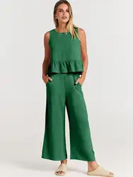 Casual Loose Green Set Pajamas For Women Sleeveless Pleated Vest Top Wide Leg Long Pants 2-piece Suit Office Ladies Sleepwear