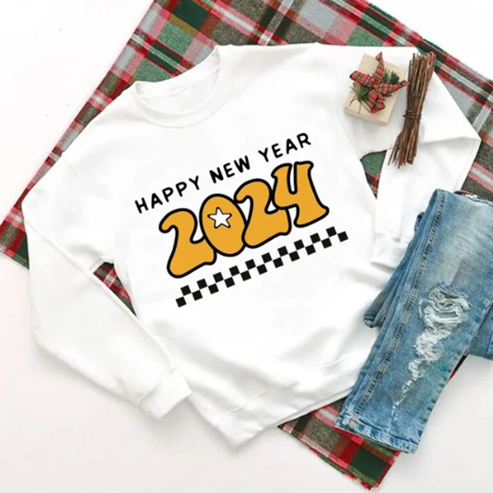 2024 Happy New Year Sweatshirt Festive Party Pullover Women Crewneck Hoodie Gift for Her Sweater Ladies Clothes 2023