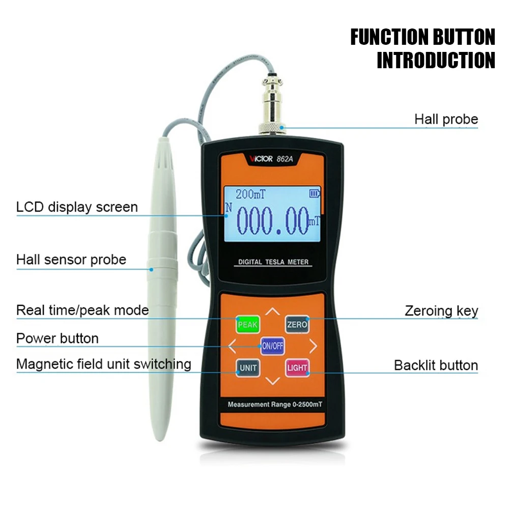 Victor 862 Digital Tesla Meter Magnetic Flux Surface Magnetic Field Tester 2% Accuracy Handheld Permanent Magnet Gaussmeter