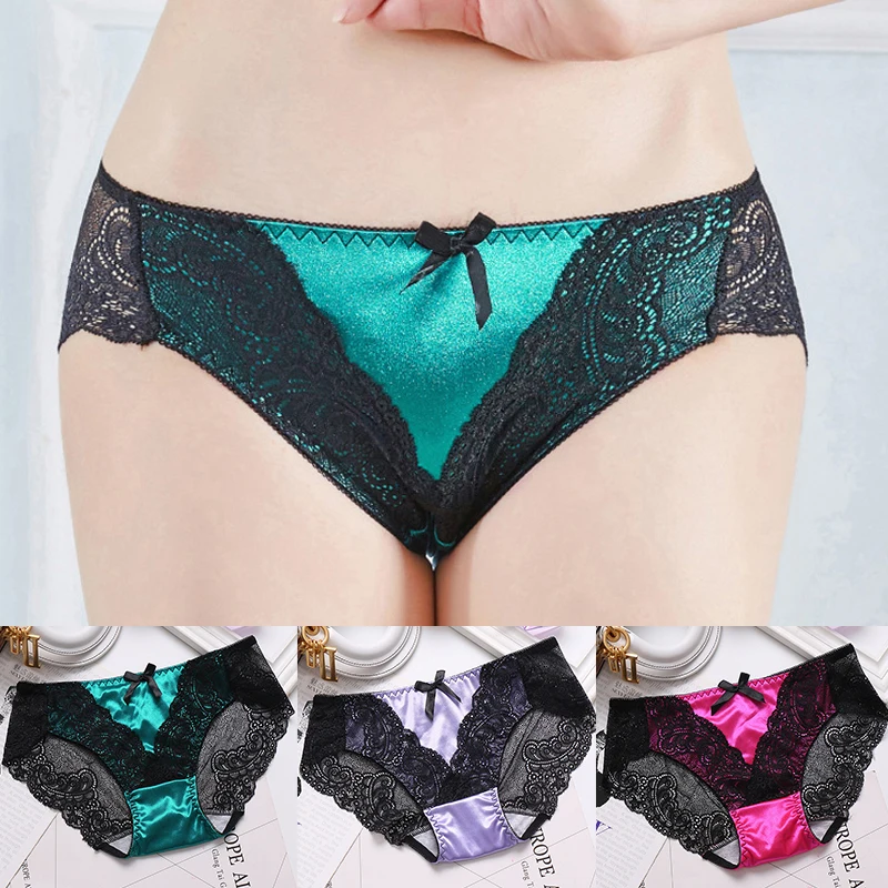 

Women's Sexy Satin Lace Transparent Brief Low-rise M-2xl Elastic Underwear Ladies Cotton Breathable Soft Bow Panties