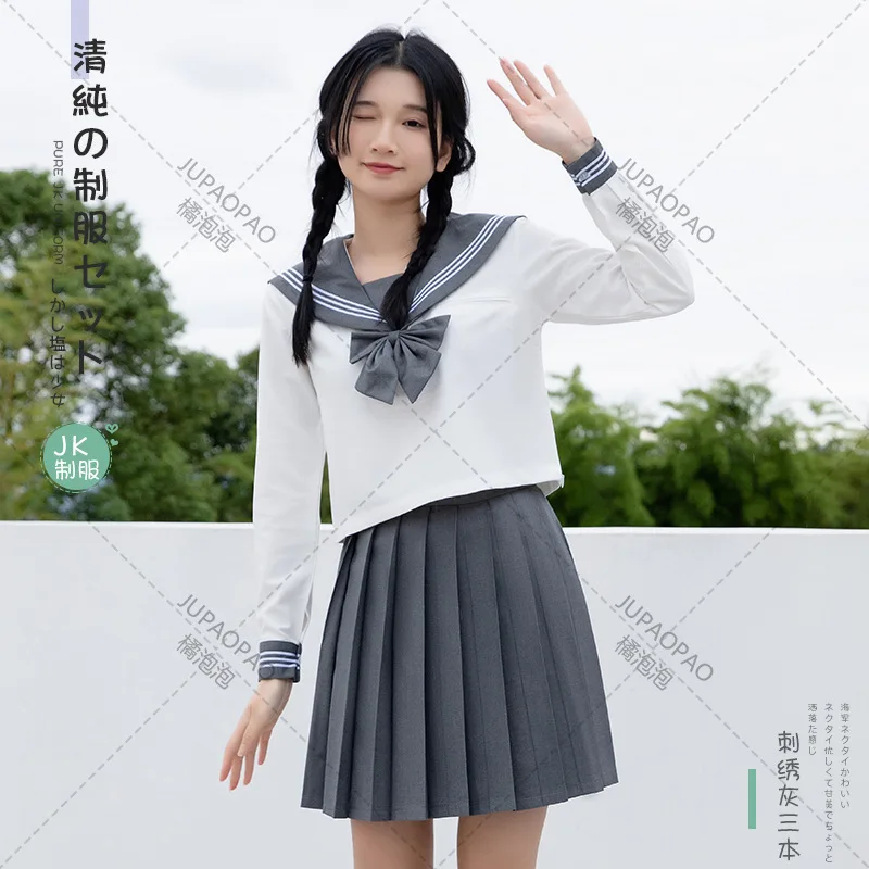 

Japanese School Seifuku Girls Grey Sailor Dress Shirts Student JK Uniforms Korean Pleated Skirt Set Kawaii Schoolgirl Costume