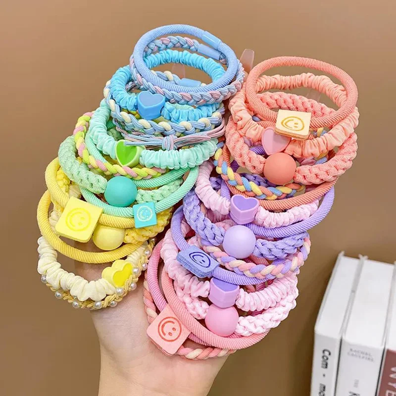 Colorful Elastic Hairbands Scrunchies Smile Beads Hair Tie Rim Cute Hair Accessories Ponytail Rubber Band For Hair Strap Gum for xiaomi mi band 5 6 dragon vein agate beads bracelet watch band replacement wrist strap gold