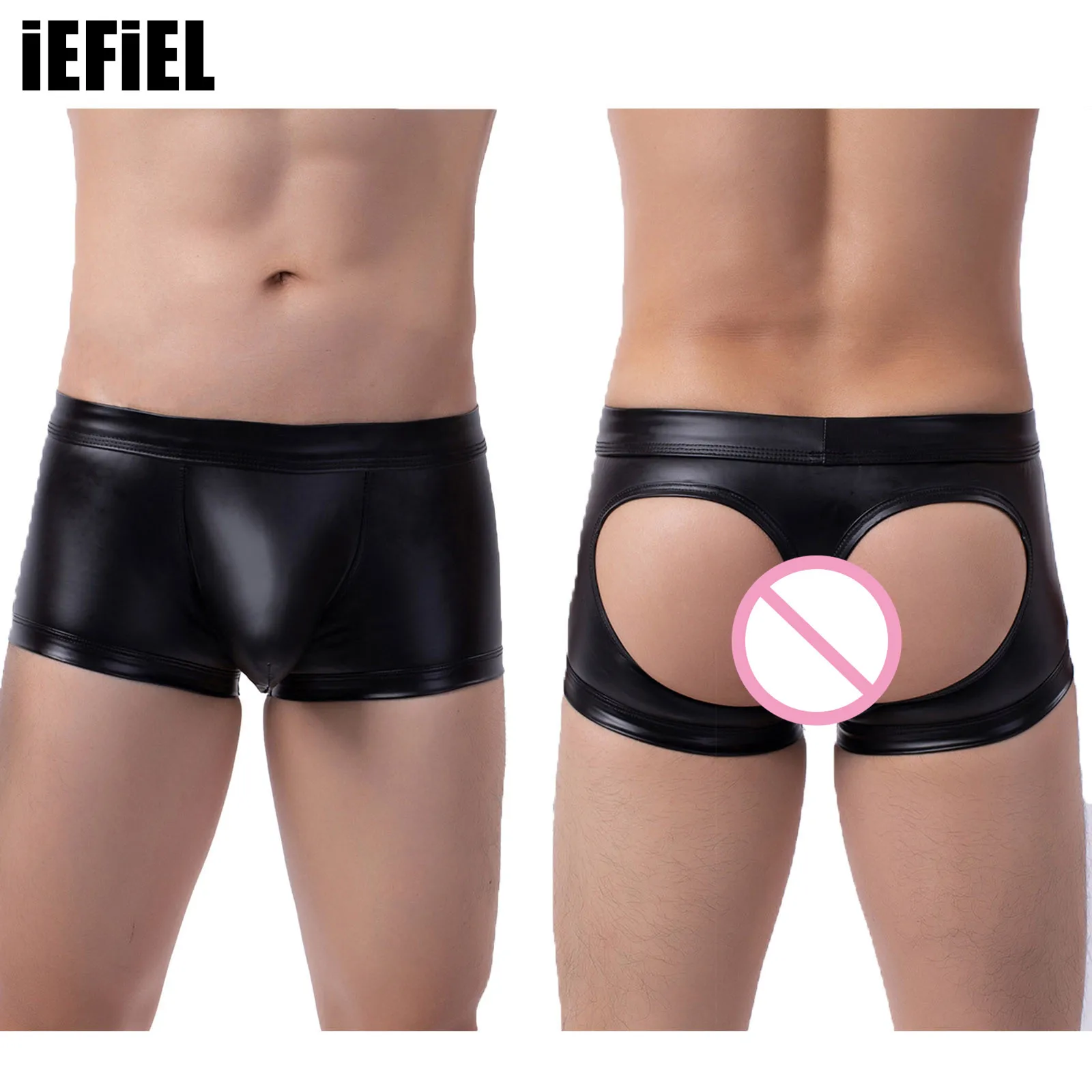 

Mens Cutout Back Faux Leather Boxer Briefs Bulge Pouch Open Butt Boxers Underpants Underwear Nightclub Stage Performance Costume