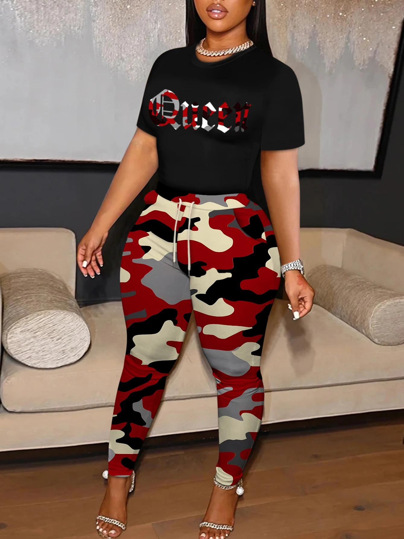 LW Camo Queen Letter Print Pants Set Women Spring Short Sleeve T-shirt & Skinny Leggings Suit Color Contrast Two Pieces Outfit