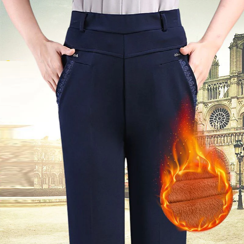Middle-aged Elderly Women's Clothing Winter Fashion Lace Rhinestone Plush Warm Pants Ladies Elegant Straight Trousers Pantalones