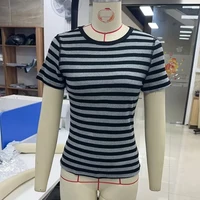 Vintage adolescentes Goth Emo Crop Tops femmes Y2k Cyber Grunge T-Shirts rayé col rond manches courtes 2000s Harajuku vêtements 5