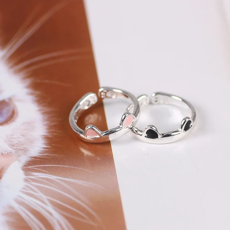 Cat Ear Finger Rings Open Cute Footprints Ring For Women Girl Pearl Hollow Geometric Gift Adjustable Fine Jewelry Accessories