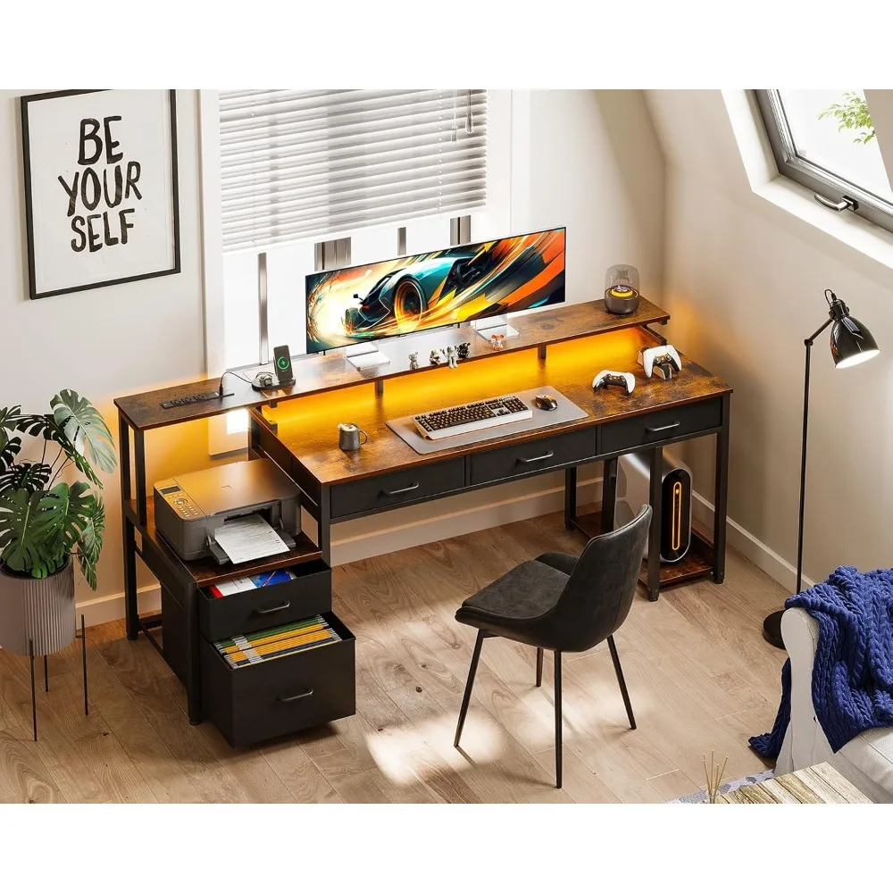 71 Inch Computer Desk with File Drawer, Reversible Office Desk with 4 Drawers & Power Outlet, LED Strip Monitor Shelf CPU Stand 4
