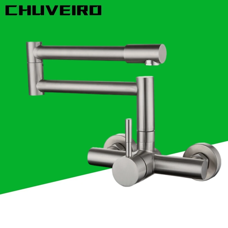 

Kitchen Faucet Wall Mounted 304 Stainless Steel Double Holes 360 Degree Rotation Folding Hot and Cold Water Sink Taps Mixer