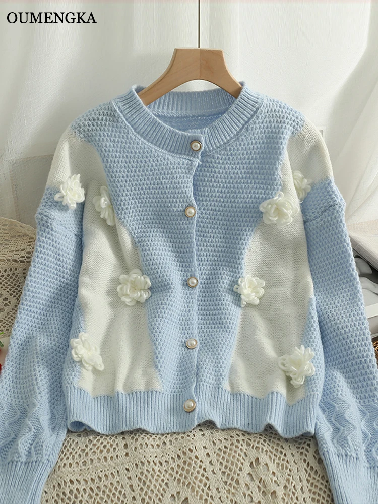 

Модный мягкий осенний кардиган OUMENGKA, милый женский однобортный свитер контрастных цветов с длинными рукавами и цветочным принтом для колледжа, уличная одежда