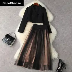 Primavera 2022 moda feminina vestido terno de manga longa curto blazer jaqueta com cintura alta malha saia longa conjunto festa escritório outfit