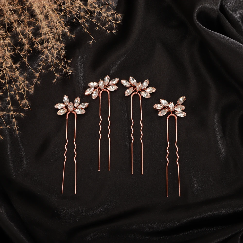 Trendy Bridal Pin Pink Silver Simple 4PCS Bridal Hairpins Rhinestones Wedding Hair Pins Wendding Ladies Hair Accessories Jewelry