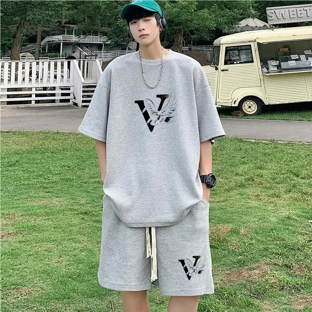 thumbnail image 1 of Conjunto de verano para hombre, camiseta con estampado de gofres, pantalones cortos, traje, diseño de marca elegante, pantalones deportivos de moda, conjunto de 2 piezas, 1 of 5