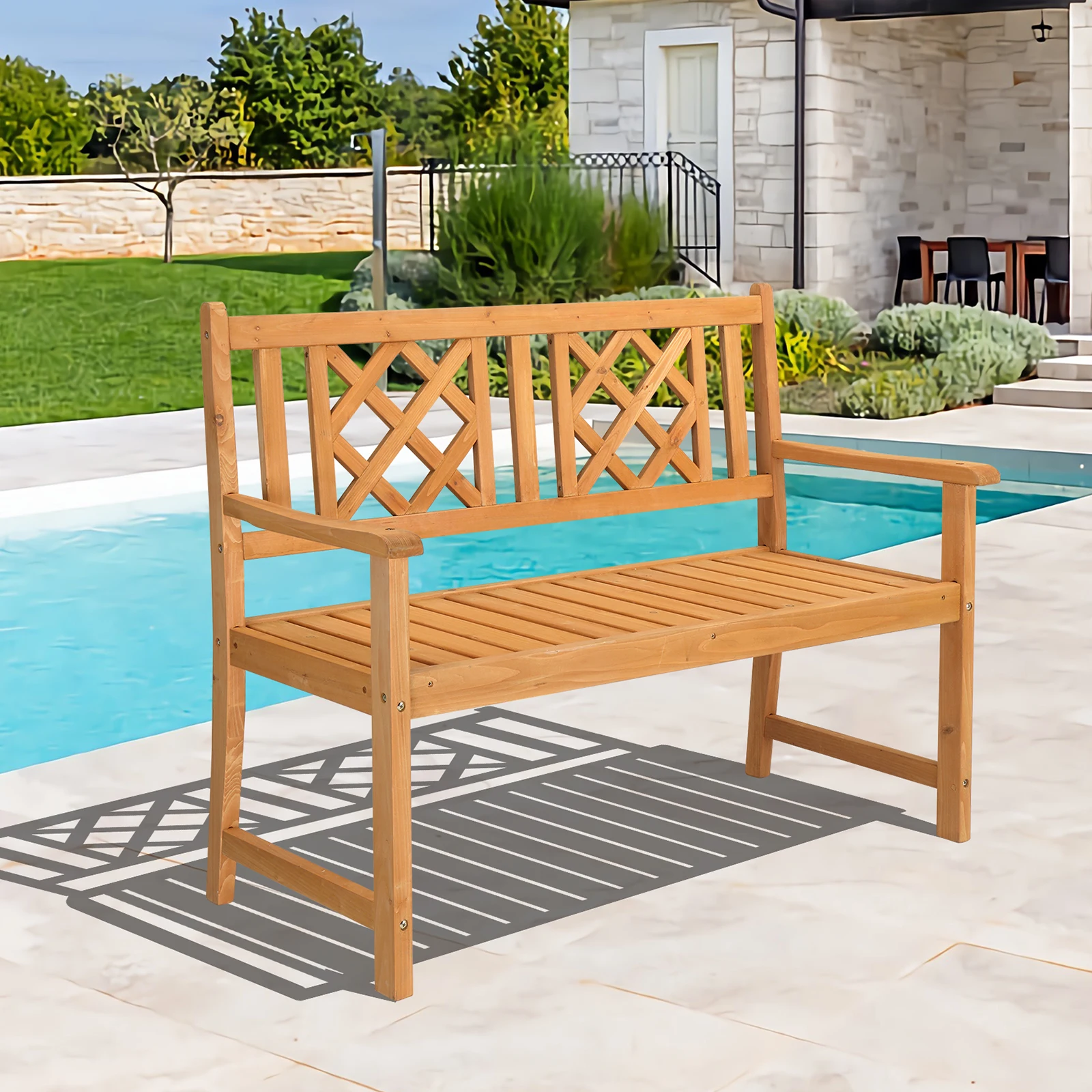 

118*56.5*90cm Outdoor Garden Fir Grid Back Wooden Bench Burlywood