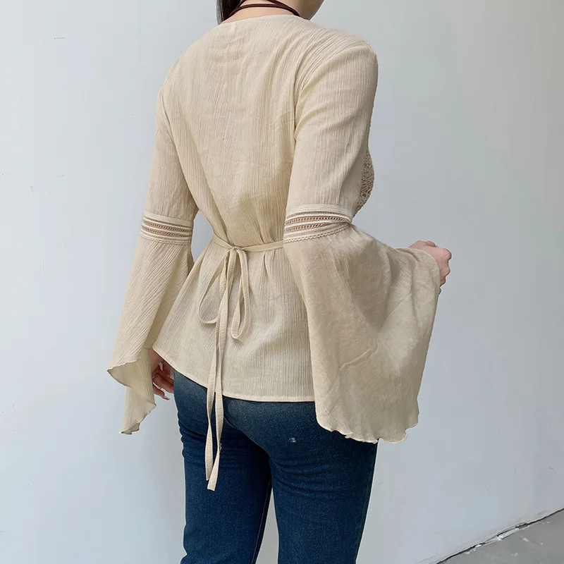 Elegant Beige Women Top Cotton V Neck Flare Sleeve Loose Fit Aesthetic Tee Shirt Vintage Chic Back Lace Up Pullovers