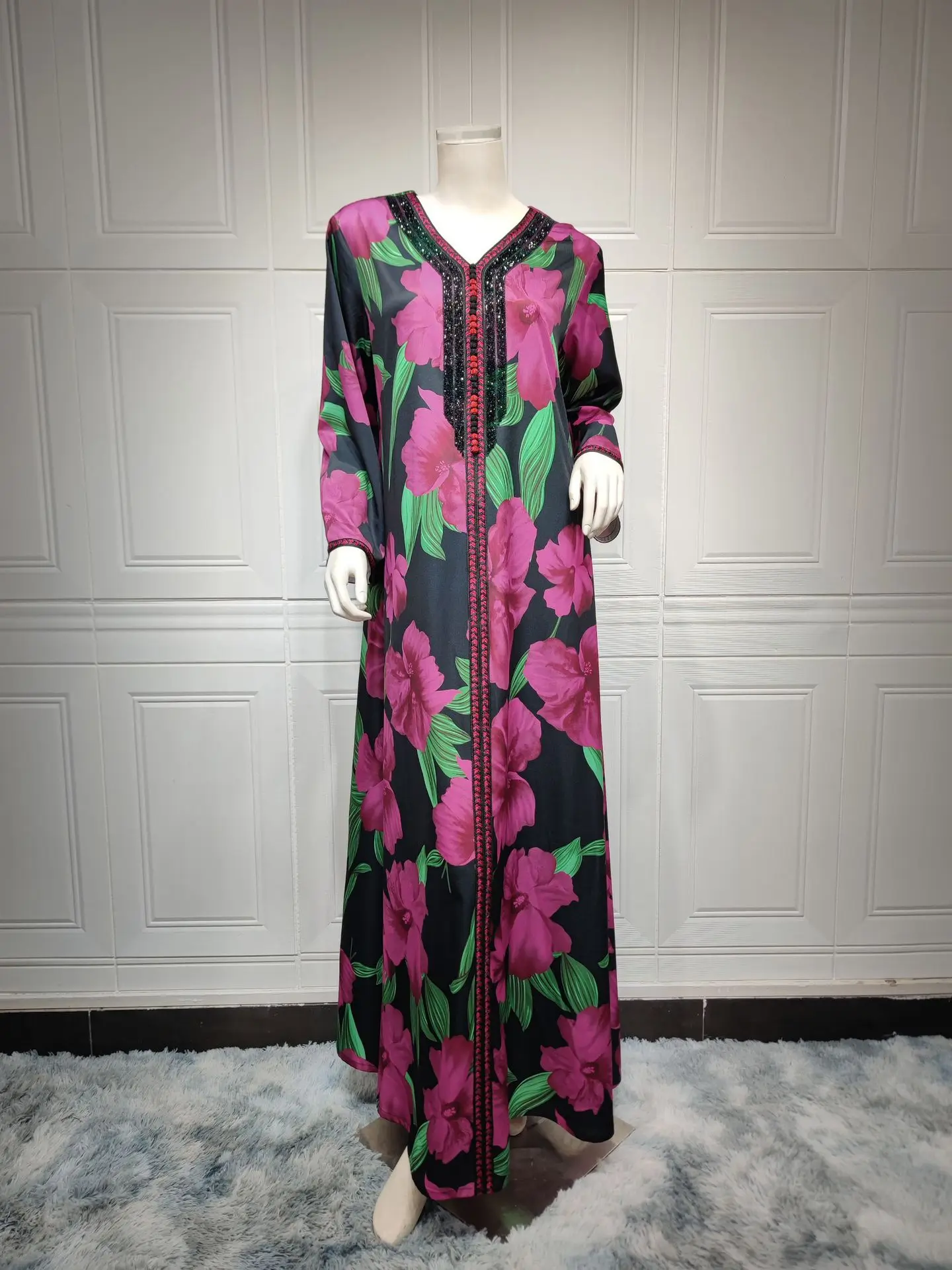 Dresses For Women 2023 Muslim Ethnic Floral Print New Abaya Diamonds Long Sleeve Maxi Dress Djellaba Marocaine
