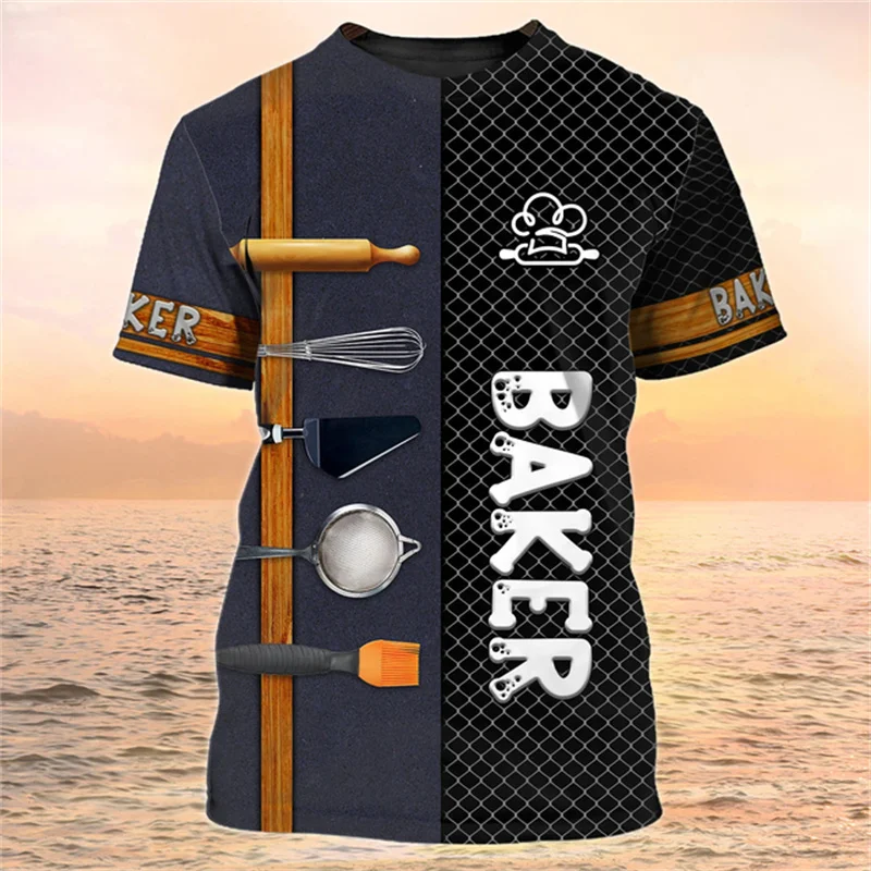 

Summer Men's Fashion Pastry Chef T-Shirts Baker Uniform Casul Loose O-neck Top Breathable Unisex Clothing Oversized Short Sleev