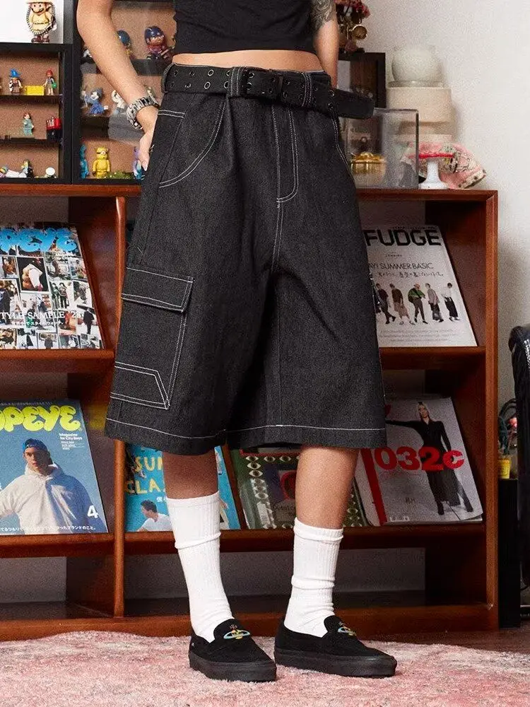 ADAgirl Black Harajuku Denim Shorts Y2k Women Straight Leg Cargo Pants Hip Hop Summer Embroidery Baggy Over Knee Jeans Short