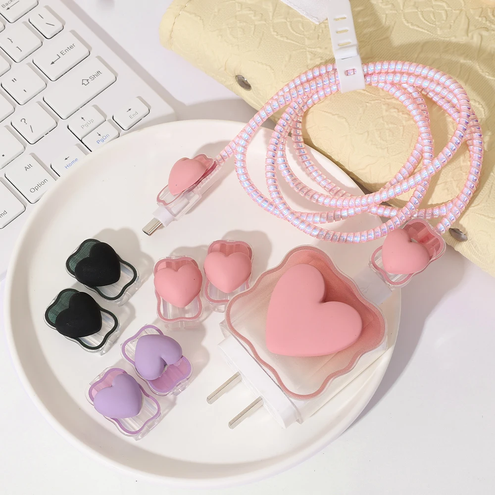 6PCS 3D love heart silicone charger cable protector case storage bag for iPhone
