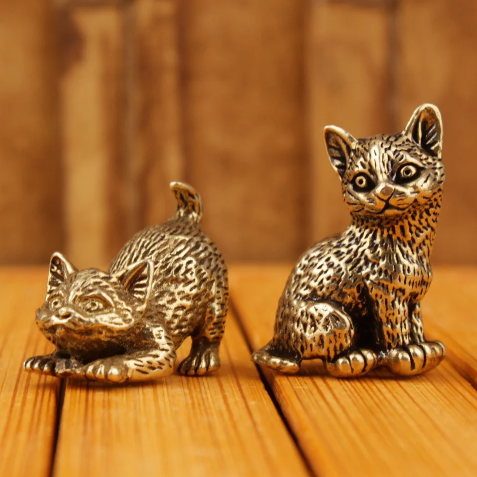 1 stücke Tier Pussycat Figuren Messing Nette Katze Tasche Statue Vintage Kleine Tee Haustier Ornament Miniaturen Schreibtisch Dekoration