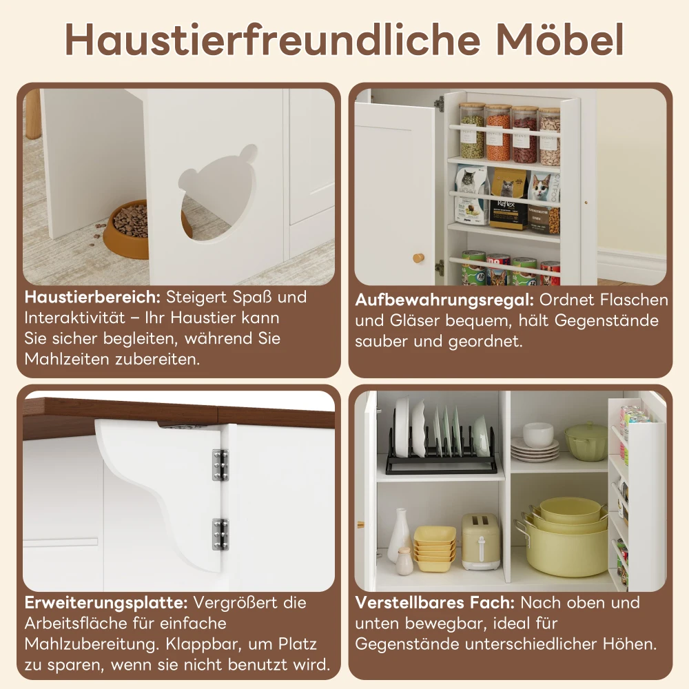 Kücheninsel, Küchenwagen und Sideboard mit Schubladen, mit ausziehbarer Arbeitsplatte, Gewürzregal, Tiernahrungsbereich (ohne Katzenhalter) – Detail 8