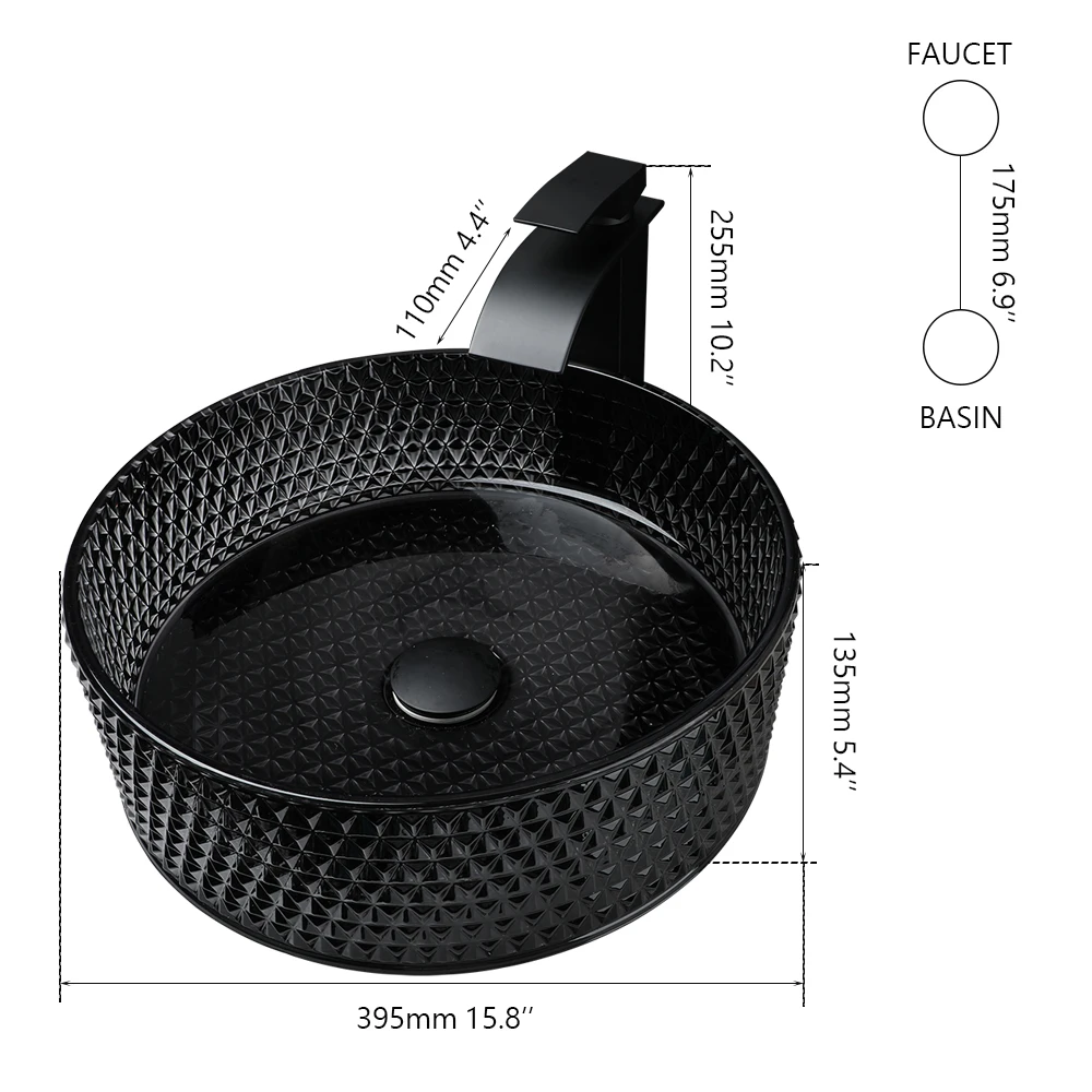 ZAPPO Black Bathroom Vessel Sink Crystal Glass Vessel Sink Faucet Tap Combo Countertop for Bathroom Hotel Deck Mount Sinks