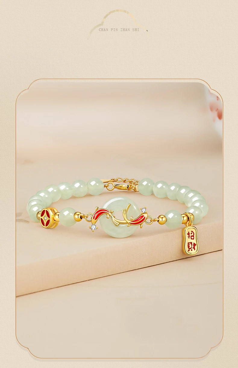Besonderes exquisites Jadeit-Perlenarmband vom Typ A zum Valentinstag, von Koi-Fischen inspiriertes Hetian-Jade-Friedenschnallenarmband für Frauen – Detail 3