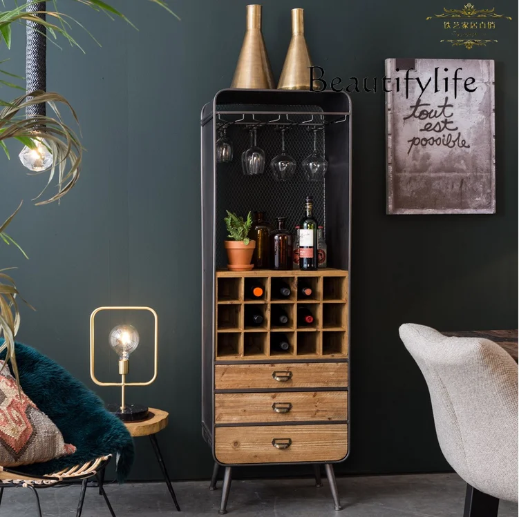 

American Creative Wine Cabinet Retro Iron Art Solid Wood Floor Cabinet