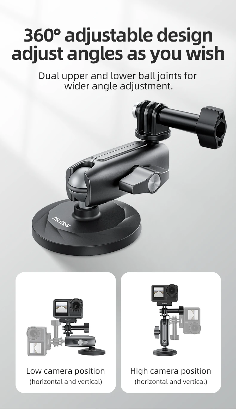 Aluminum Alloy Magnetic Action Camera Holder 360° Adjustable 1/4 Adapter For In