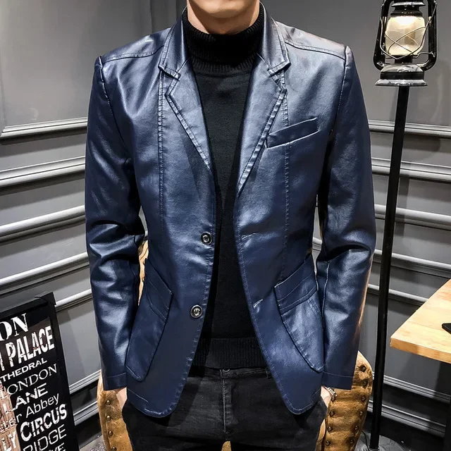 

British Style Spring Autumn Mens Slim Fit Pu Leather Jacket Coat Homme Business Casual Blazer Men Faux Leather Blasers Masculino