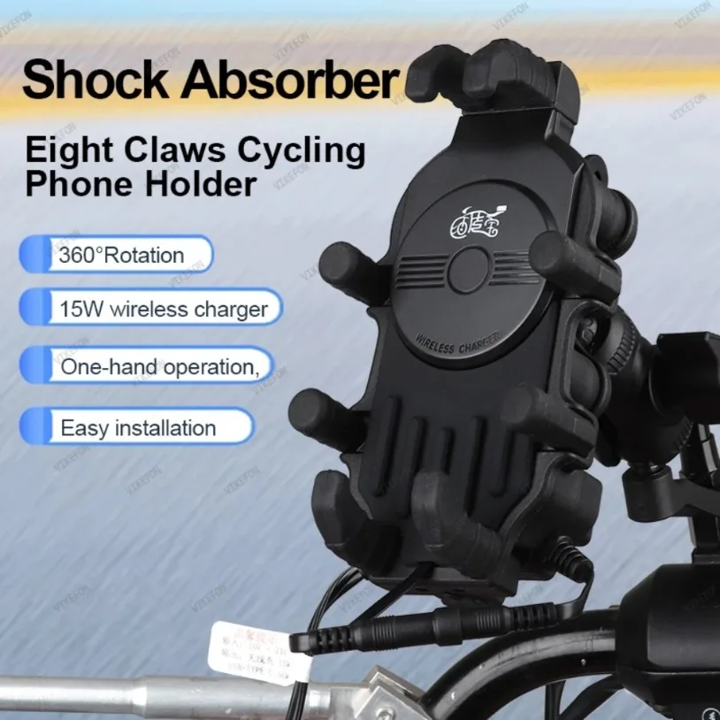 Shock Absorption Motorcycle Cellphone Bracket Bicycle Phone Holder Stand &15W Wireless Charger & 33W Type C Port Charging Mount
