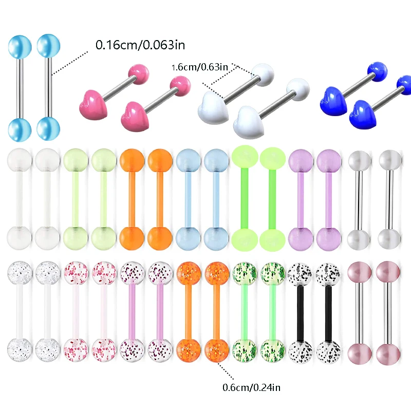 36PCS  Tongue Piercing Tongue Barbell Rings 16mm Acrylic Ball Nipple Retainer 14G Flexible Body Piercing Jewelry Glow In Dark