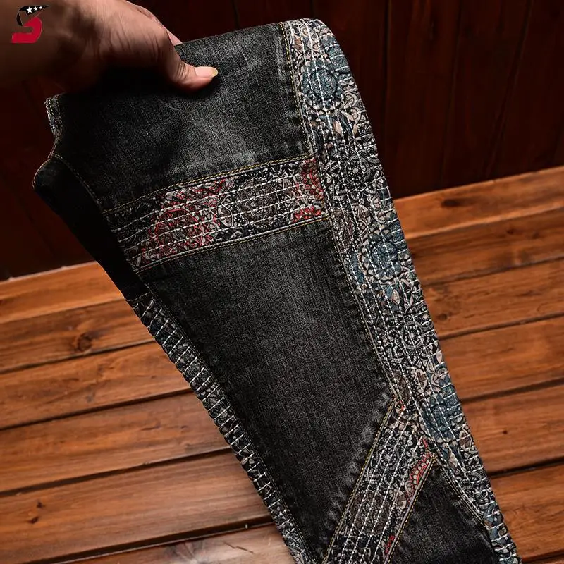 Stitching Embroidered Jeans Men's Contrast Color Fashion Stretch Slim Fit Skinny Personality, Trend, Fashion Motorcycle Trousers 4