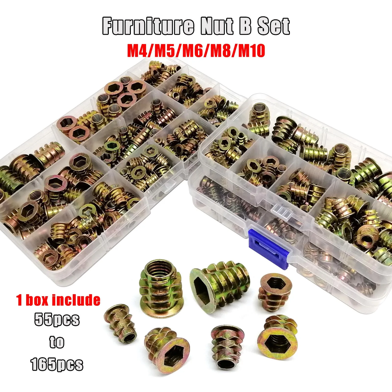 165/75/55pcs 삽입 너트 E 너트 M4 M5 M6 M8 세트 키트 목재 가구 침대..